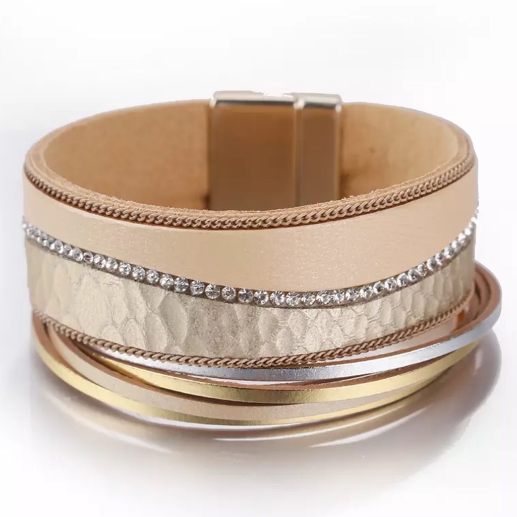 Gold Wide Wrap Around Genuine Leather Bracelet.